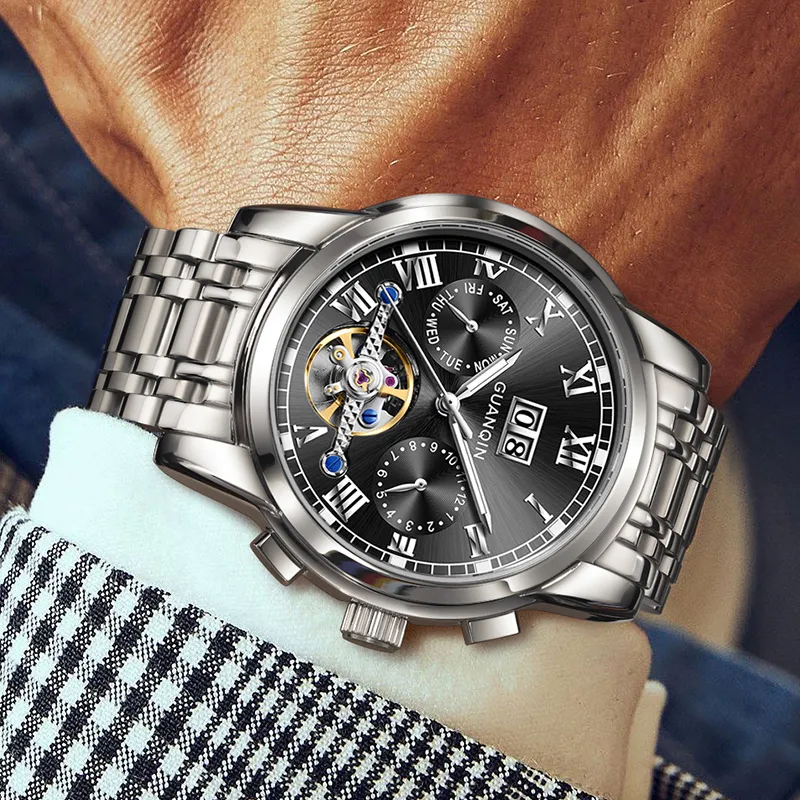GUANQIN Automatic Mechanical Movement Stainless Steel Watchband Watch Men's Watches Black Dial-10