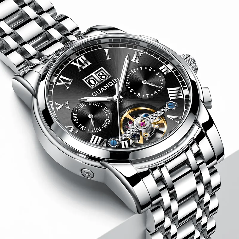 GUANQIN Automatic Mechanical Movement Stainless Steel Watchband Watch Men's Watches Black Dial-7