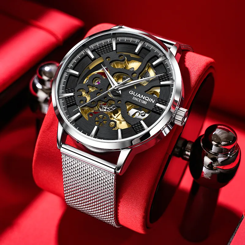 GUANQIN Automatic Mechanical Movement Net Bag Strap Watch Men's Watches Black Dial-9