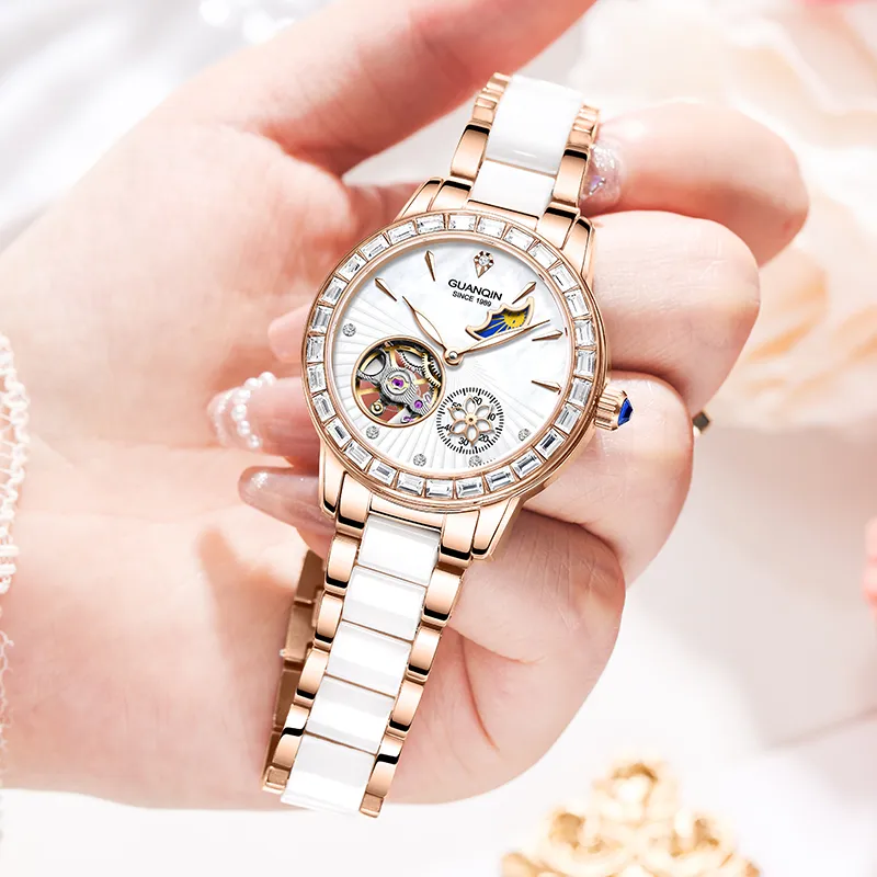 GUANQIN Automatic Mechanical Movement Ceramic Strap Watch Women's Watch White Dial-2