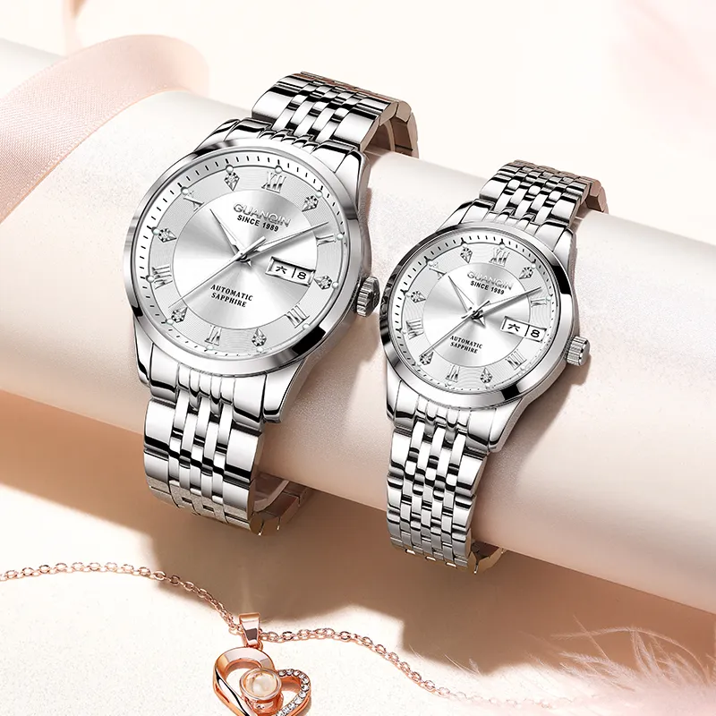 GUANQIN Beloved Collection Automatic Mechanical Movement Stainless Steel Watchband Watch Unisex White Dial-10