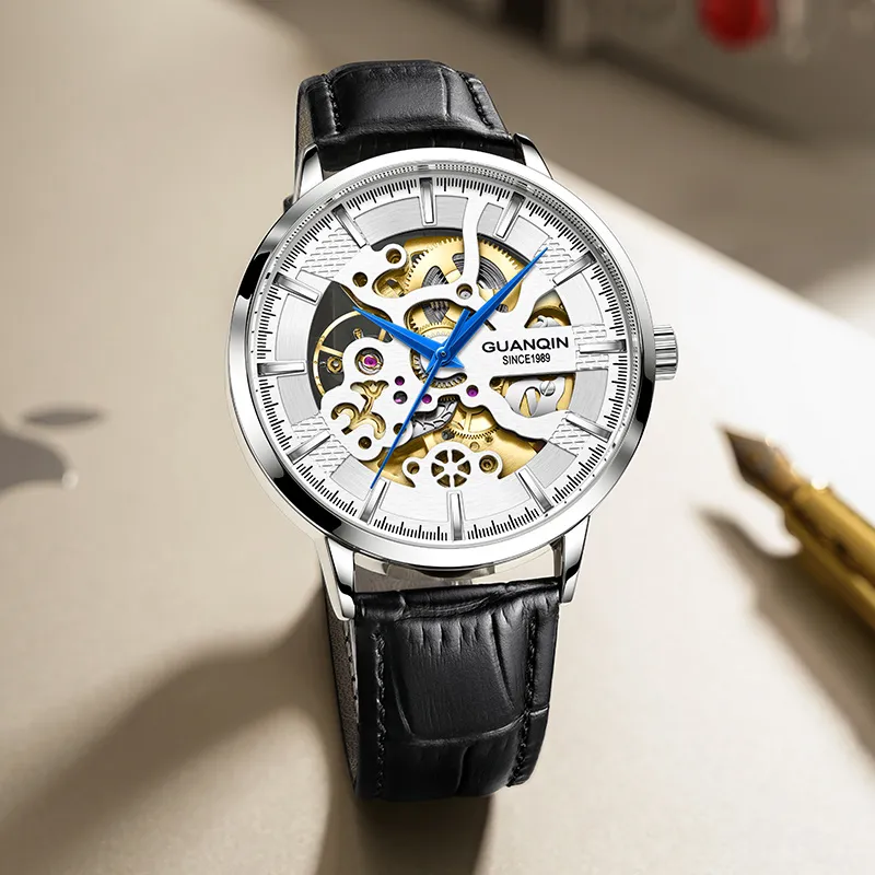 GUANQIN Brogues Collection Automatic Mechanical Movement Leather Strap Watch Men's Watches Black Dial-21
