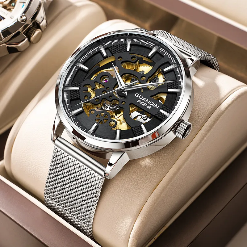 GUANQIN Automatic Mechanical Movement Net Bag Strap Watch Men's Watches Black Dial-10