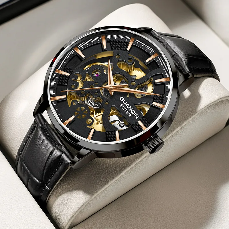 GUANQIN Brogues Collection Automatic Mechanical Movement Leather Strap Watch Men's Watches Black Dial-4