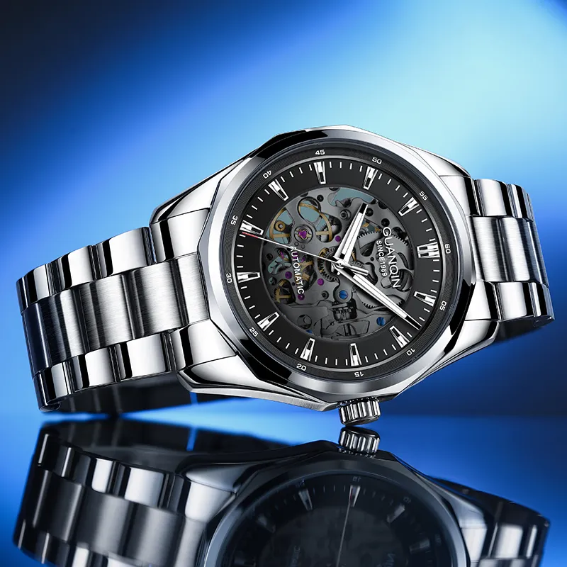 GUANQIN Automatic Mechanical Movement Stainless Steel Watchband Watch Men's Watches Black Dial-3