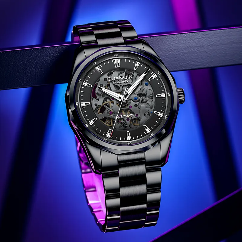 GUANQIN Automatic Mechanical Movement Stainless Steel Watchband Watch Men's Watches Black Dial-11