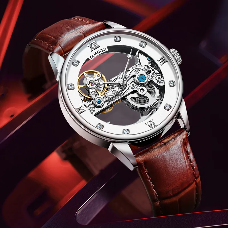 GUANQIN Automatic Mechanical Movement Cow Leather Strap Watch Men's Watches White Dial-16