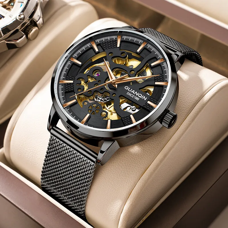 GUANQIN Automatic Mechanical Movement Net Bag Strap Watch Men's Watches Black Dial-3