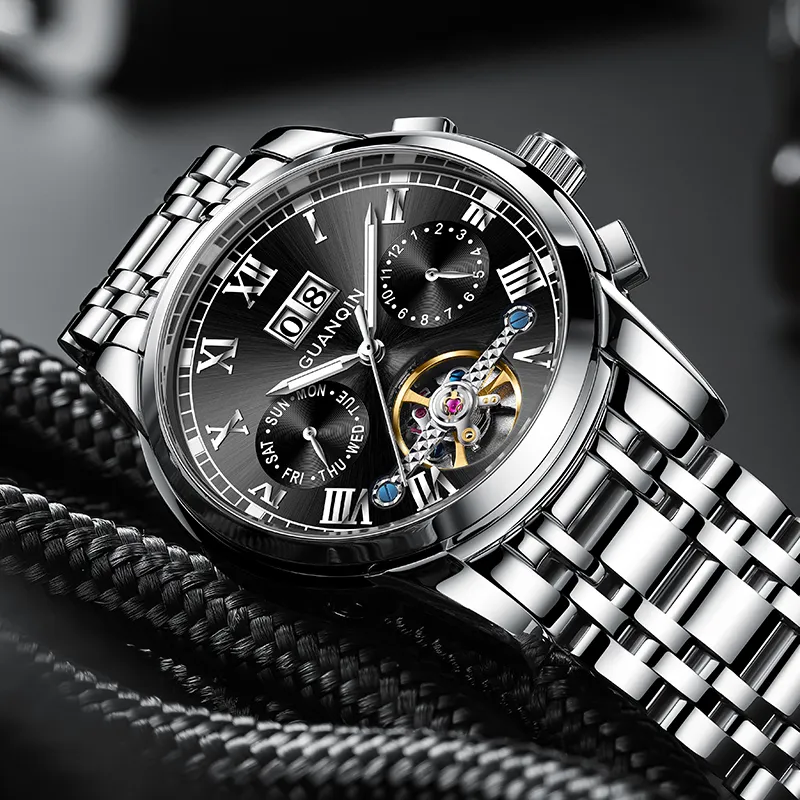 GUANQIN Automatic Mechanical Movement Stainless Steel Watchband Watch Men's Watches Black Dial-8
