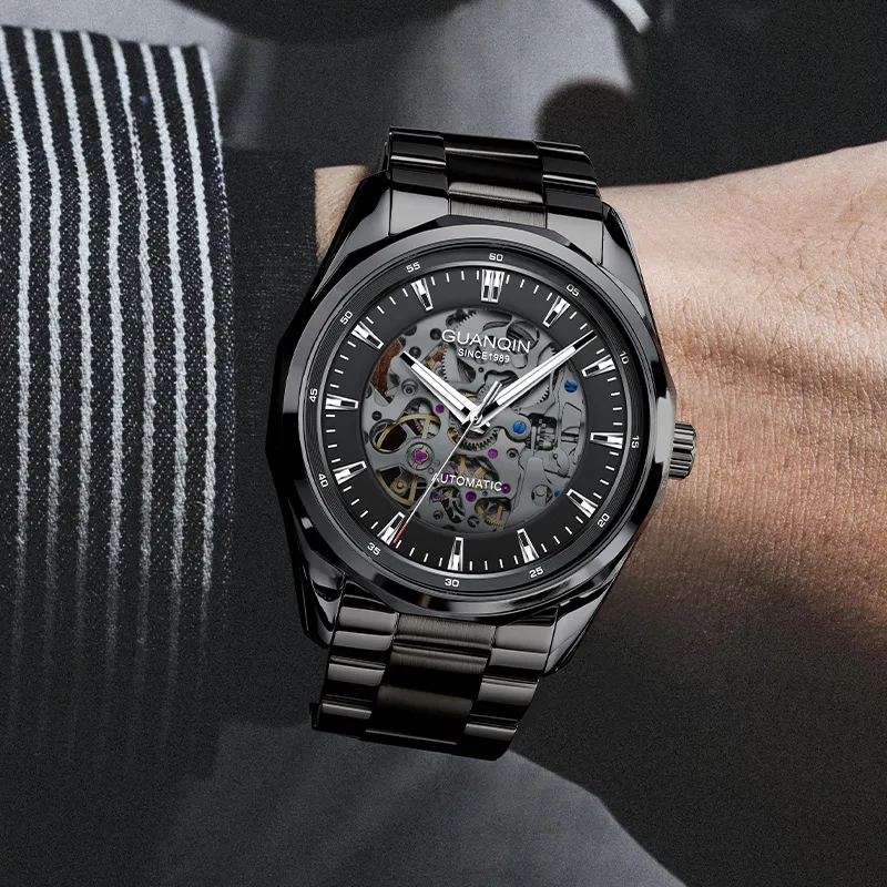 GUANQIN Automatic Mechanical Movement Stainless Steel Watchband Watch Men's Watches Black Dial-6