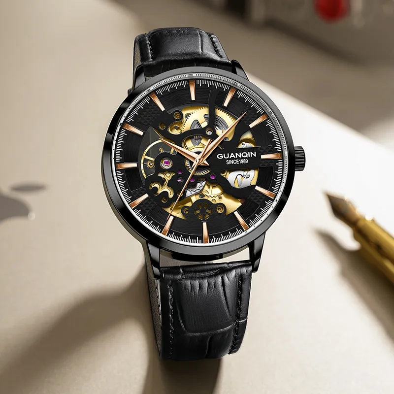 GUANQIN Brogues Collection Automatic Mechanical Movement Leather Strap Watch Men's Watches Black Dial-3