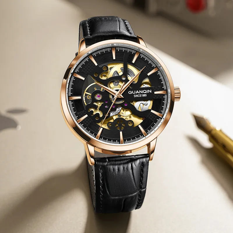 GUANQIN Brogues Collection Automatic Mechanical Movement Leather Strap Watch Men's Watches Black Dial-10