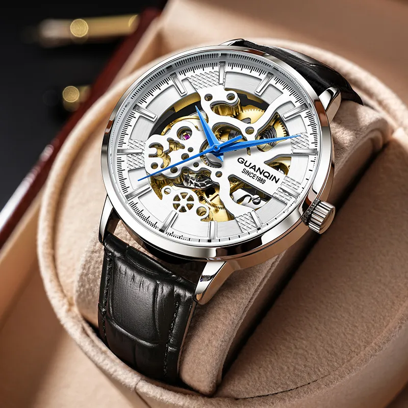 GUANQIN Brogues Collection Automatic Mechanical Movement Leather Strap Watch Men's Watches Black Dial-20