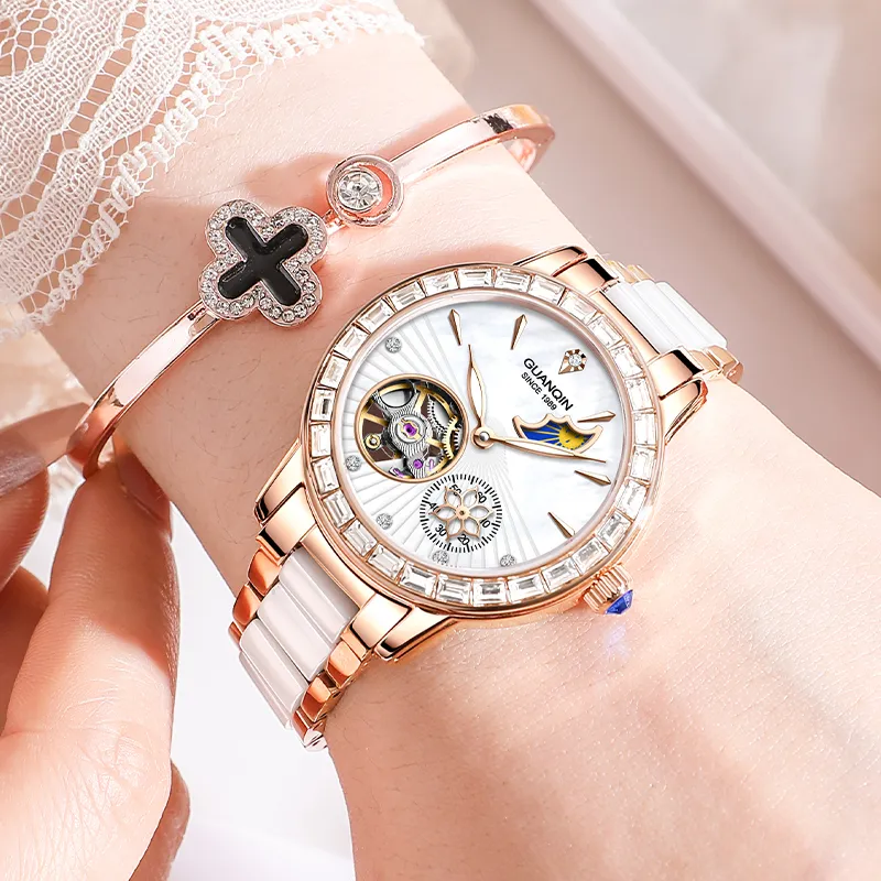 GUANQIN Automatic Mechanical Movement Ceramic Strap Watch Women's Watch White Dial-5