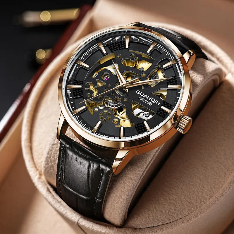 GUANQIN Brogues Collection Automatic Mechanical Movement Leather Strap Watch Men's Watches Black Dial-9