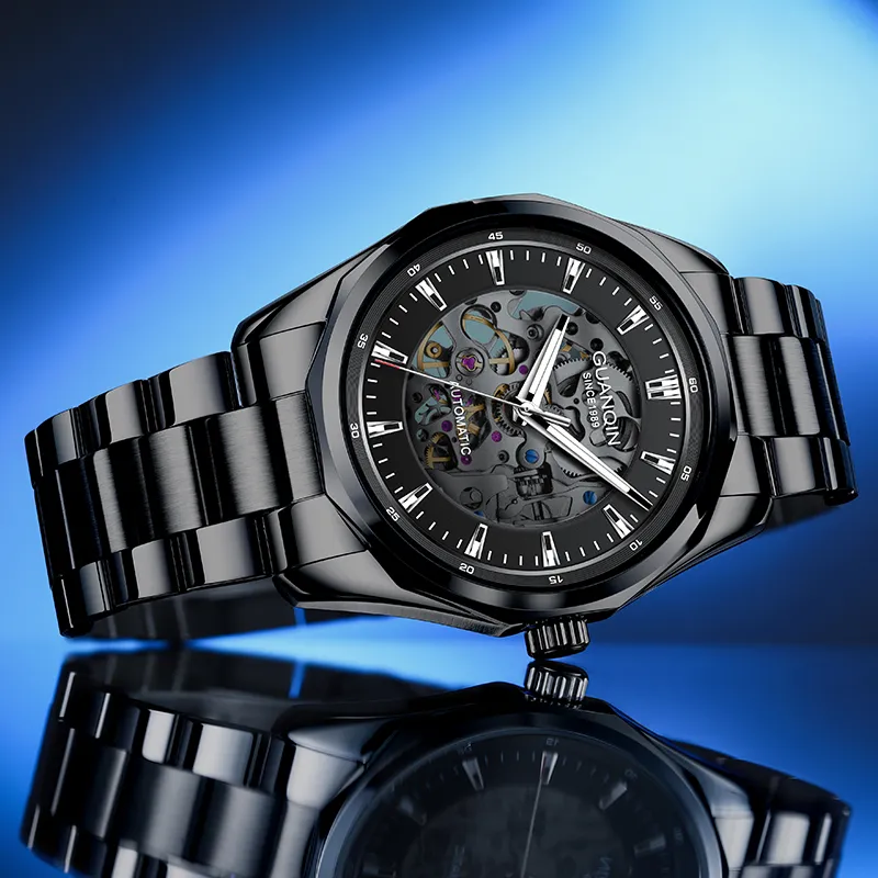 GUANQIN Automatic Mechanical Movement Stainless Steel Watchband Watch Men's Watches Black Dial-9
