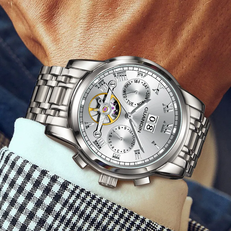 GUANQIN Automatic Mechanical Movement Stainless Steel Watchband Watch Men's Watches Black Dial-4