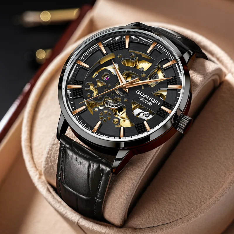 GUANQIN Brogues Collection Automatic Mechanical Movement Leather Strap Watch Men's Watches Black Dial-2