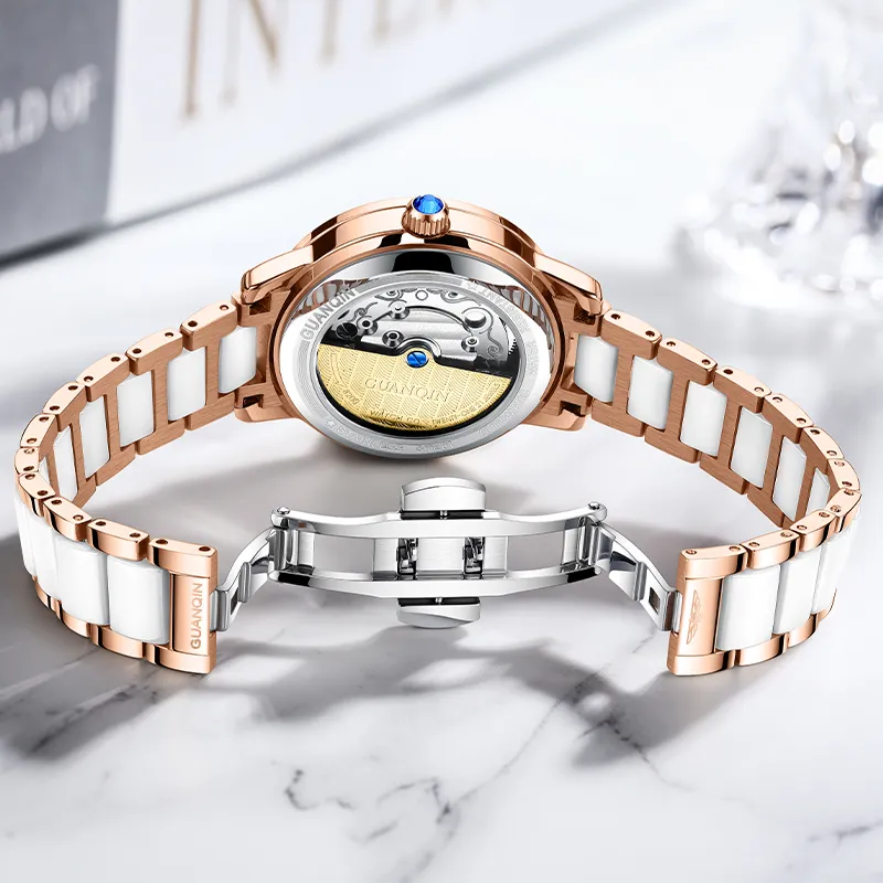 GUANQIN Automatic Mechanical Movement Ceramic Strap Watch Women's Watch White Dial-6
