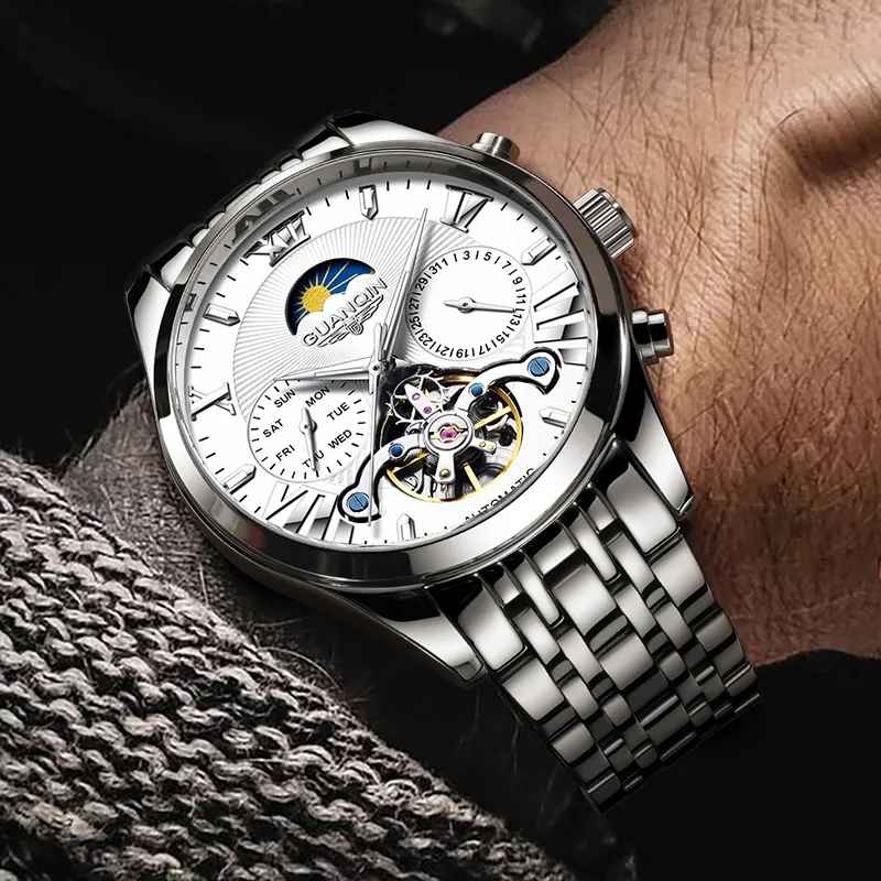 GUANQIN Ruidong Collection Automatic Mechanical Movement Steel Strap Watch Men's Watches White Dial-3