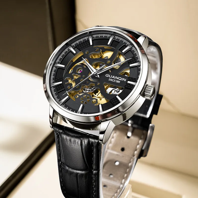 GUANQIN Brogues Collection Automatic Mechanical Movement Leather Strap Watch Men's Watches Black Dial-17