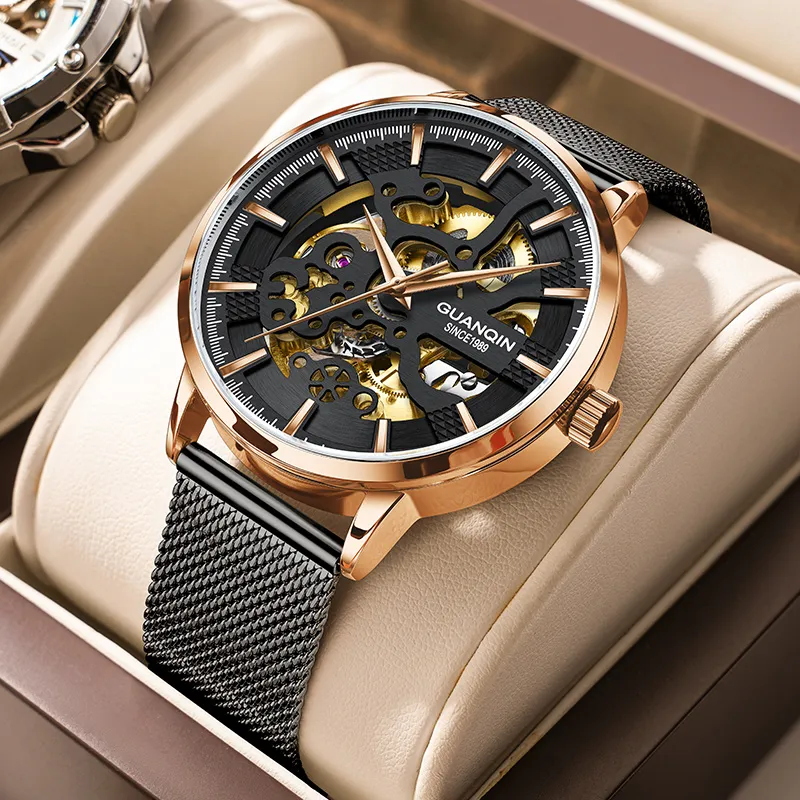 GUANQIN Automatic Mechanical Movement Net Bag Strap Watch Men's Watches Black Dial-7