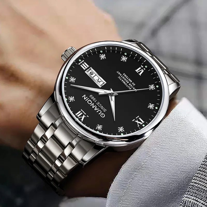 GUANQIN Automatic Mechanical Movement Stainless Steel Watchband Watch Men's Watches Black Dial-4