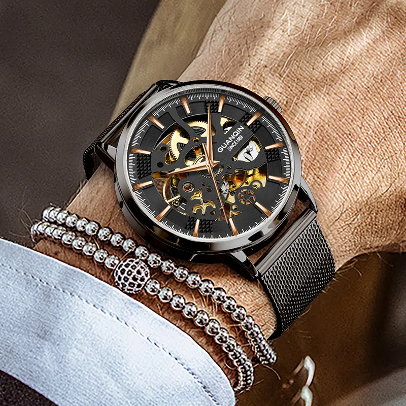 GUANQIN Automatic Mechanical Movement Net Bag Strap Watch Men's Watches Black Dial-4