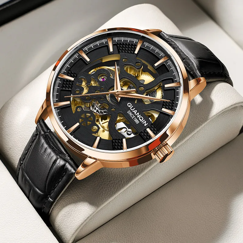 GUANQIN Brogues Collection Automatic Mechanical Movement Leather Strap Watch Men's Watches Black Dial-11