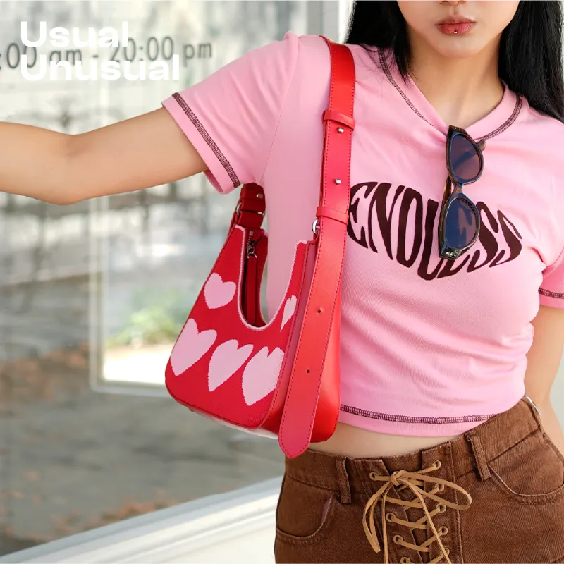 Usual Unusual Flyknit Shoulder Bag, Crossbody Bag, Commute Bag Medium Size Women's Red Pink-2