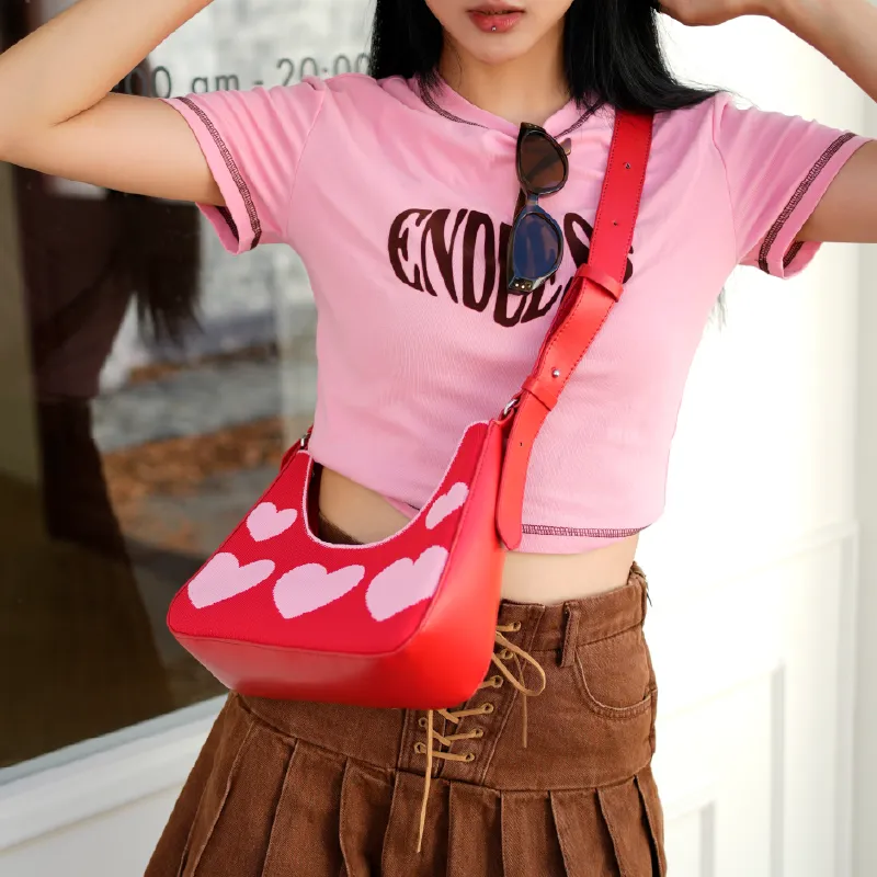 Usual Unusual Flyknit Shoulder Bag, Crossbody Bag, Commute Bag Medium Size Women's Red Pink-3