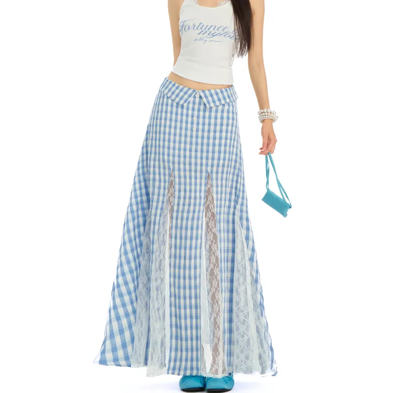 MJB Casual Long Skirts Women's Blue Plaid-2