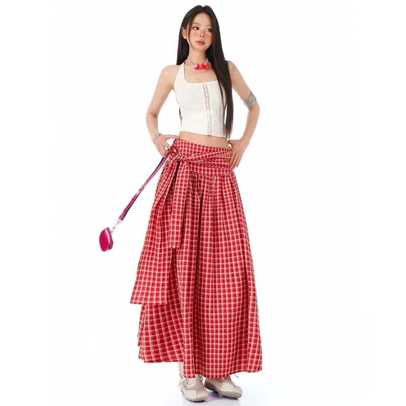 MJB Casual Long Skirt Women's Red Plaid-3