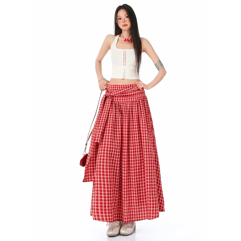 MJB Casual Long Skirt Women's Red Plaid-6