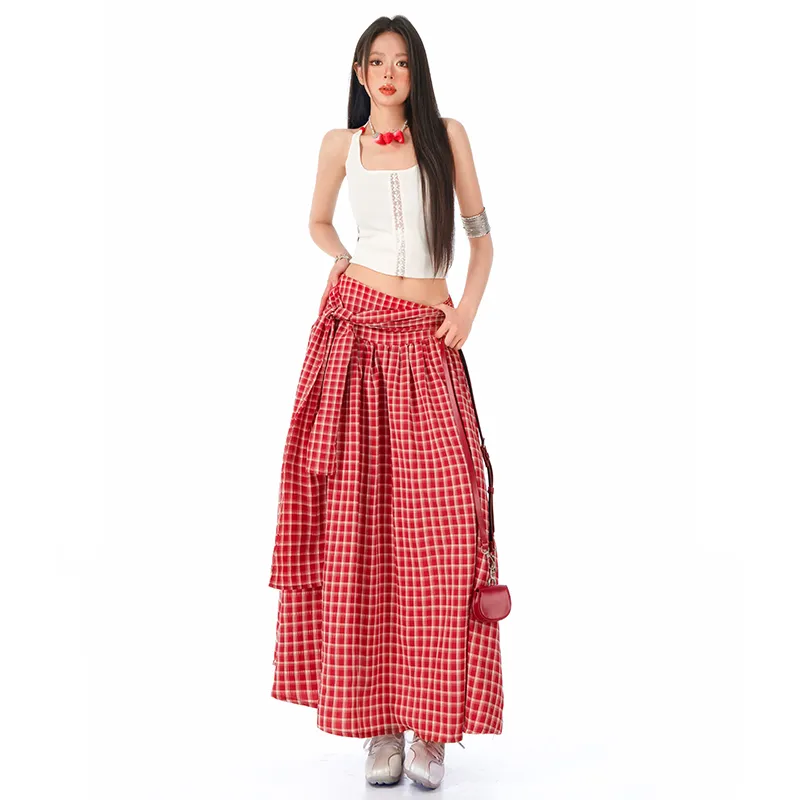 MJB Casual Long Skirt Women's Red Plaid-2