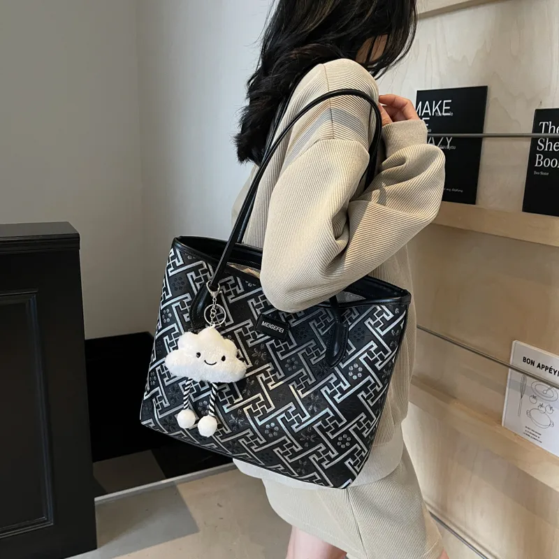 MingLu PU Tote Bag, Shopping Bag, Shoulder Bag Women's Ecru/Black/Elegant Purple-6