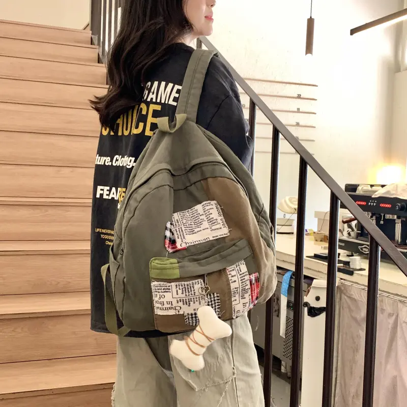 Parker Bear Canvas Canvas Bag Backpack Unisex Green-3