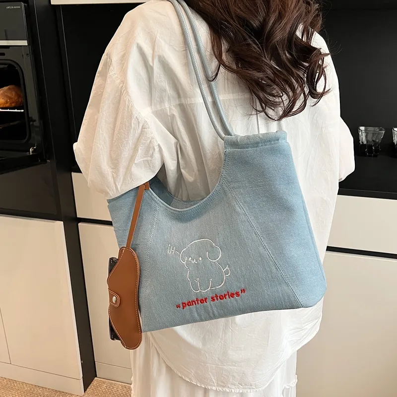 Parker Bear Denim Handbag Shoulder Bag Unisex Denim Blue-4