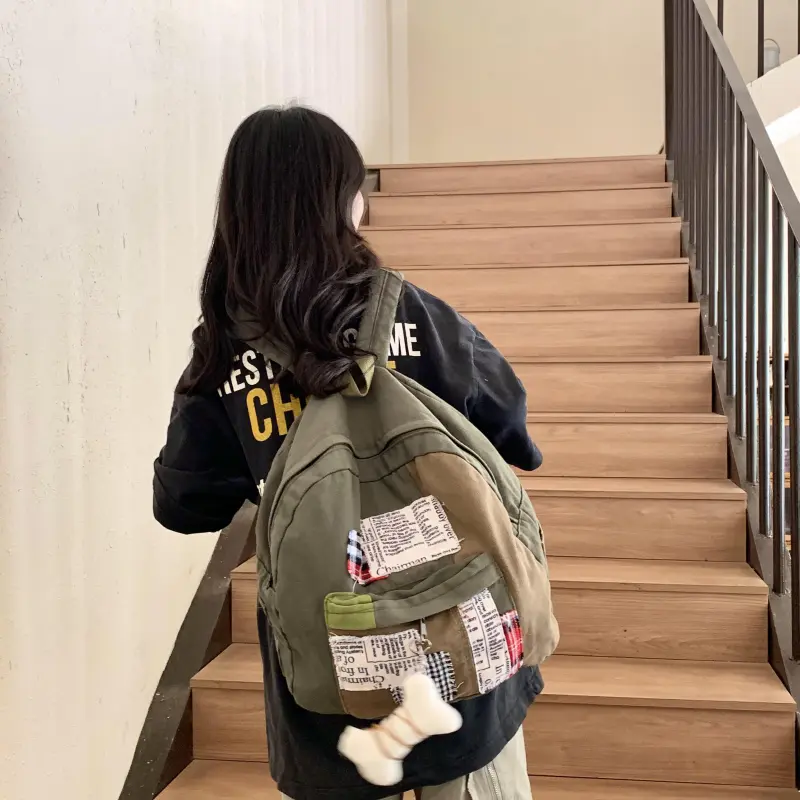 Parker Bear Canvas Canvas Bag Backpack Unisex Green-2