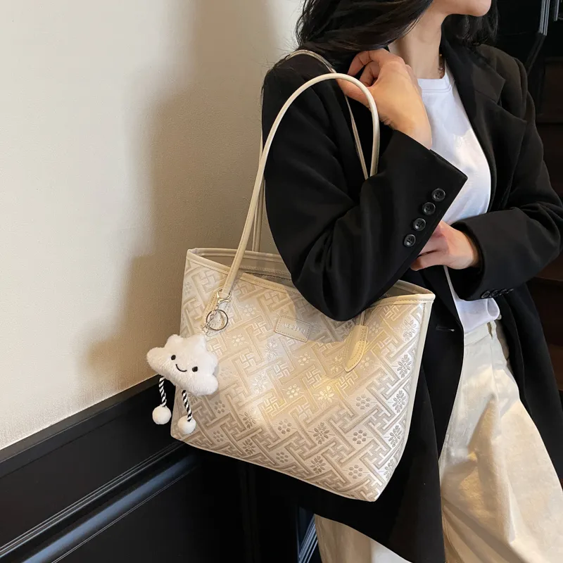 MingLu PU Tote Bag, Shopping Bag, Shoulder Bag Women's Ecru/Black/Elegant Purple-2