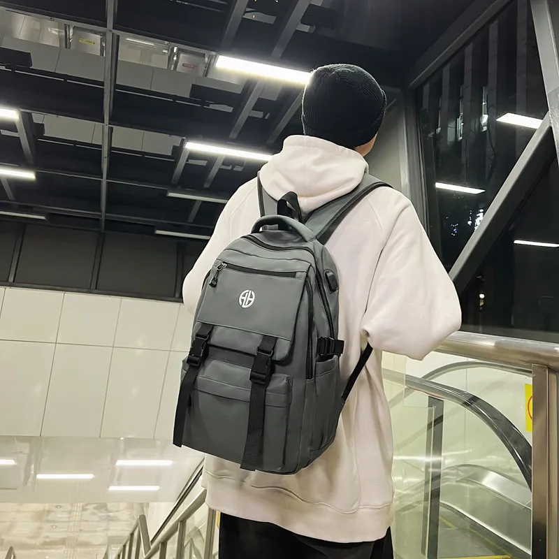 MingLu Nylon Backpack Regular Unisex Black/Gray/Light Khaki-5