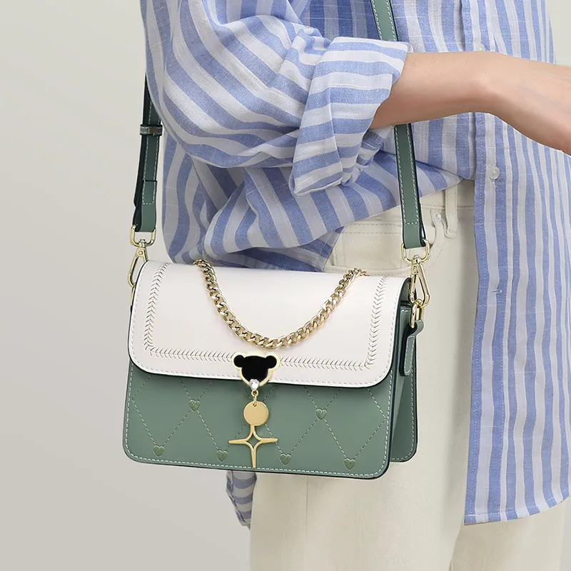Teddy Bear Collection TeddyClub Series Cow Leather With Synthetic Leather Crossbody Bag Regular Women's Tea Green-2