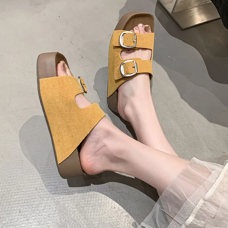 WENPU Slide Slippers Women's Khaki, White, Lemon-2