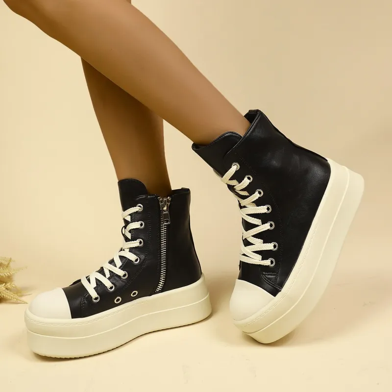 WENPU Height Increasing Wear Resistant Slip Resistant High Top Skateboard Shoes Women's Black-5