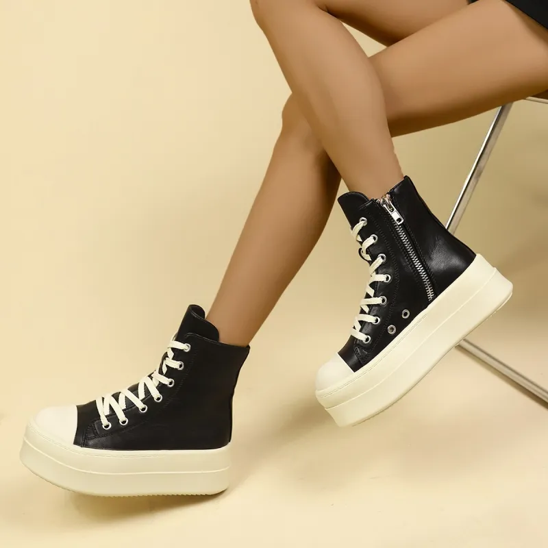 WENPU Height Increasing Wear Resistant Slip Resistant High Top Skateboard Shoes Women's Black-7