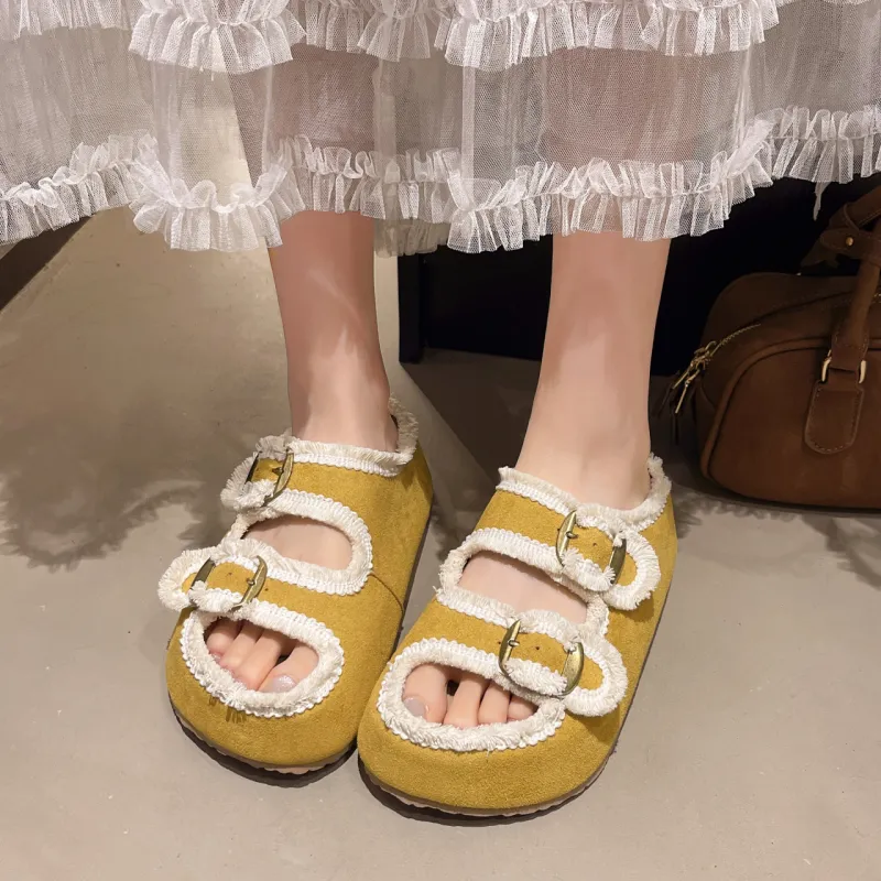 WENPU Slide Slippers Women's Ecru, Sky Blue, Yellow-9