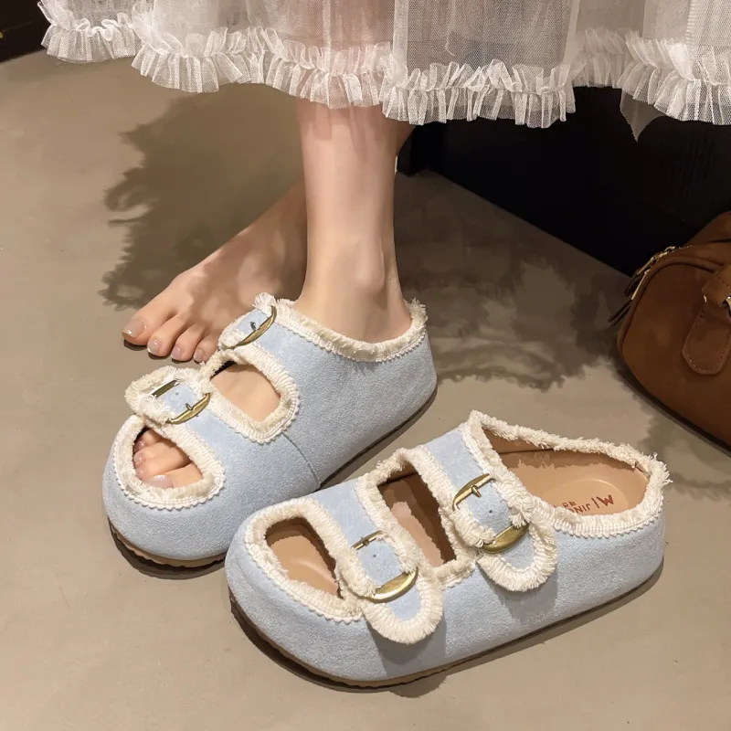WENPU Slide Slippers Women's Ecru, Sky Blue, Yellow-6