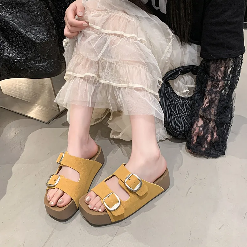 WENPU Slide Slippers Women's Khaki, White, Lemon-3