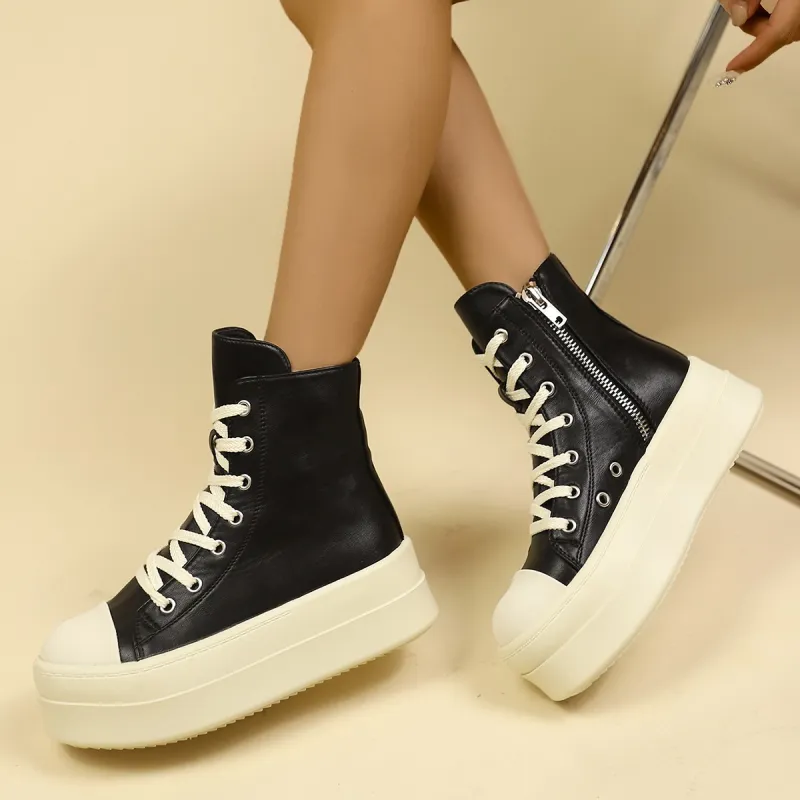WENPU Height Increasing Wear Resistant Slip Resistant High Top Skateboard Shoes Women's Black-4