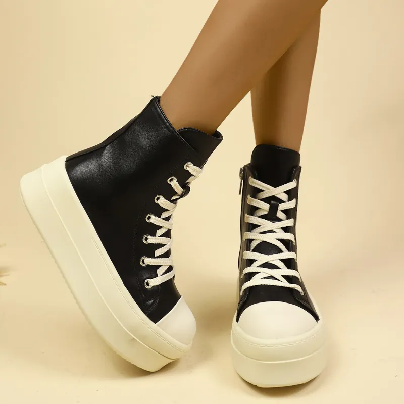 WENPU Height Increasing Wear Resistant Slip Resistant High Top Skateboard Shoes Women's Black-6